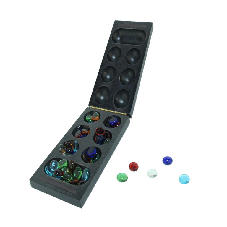 AFRICAN STONE GAME - DARK FOLDING WOOD BOARD AND GLASS STONES (MANCALA) - Image 2