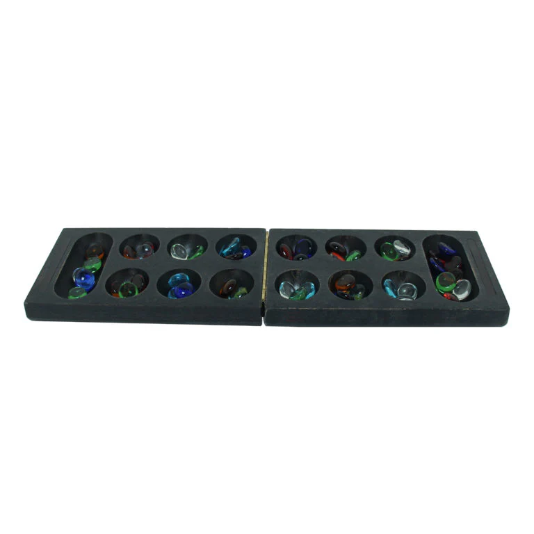 AFRICAN STONE GAME - DARK FOLDING WOOD BOARD AND GLASS STONES (MANCALA) - Image 3