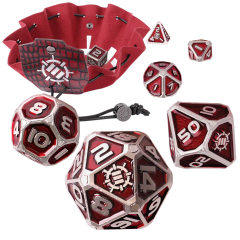 ENHANCE RED BAG & 7 PIECE METAL DICE SET
