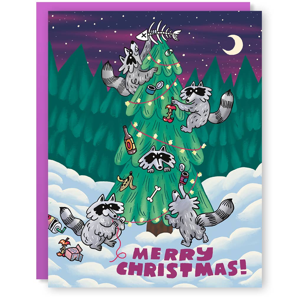 RACCOON TREE DECORATING CHRISTMAS GREETING CARD