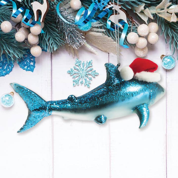 SHARK WITH SANTA HAT GLASS HOLIDAY ORNAMENT - Image 2