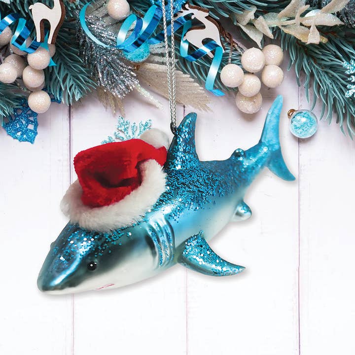 SHARK WITH SANTA HAT GLASS HOLIDAY ORNAMENT - Image 3