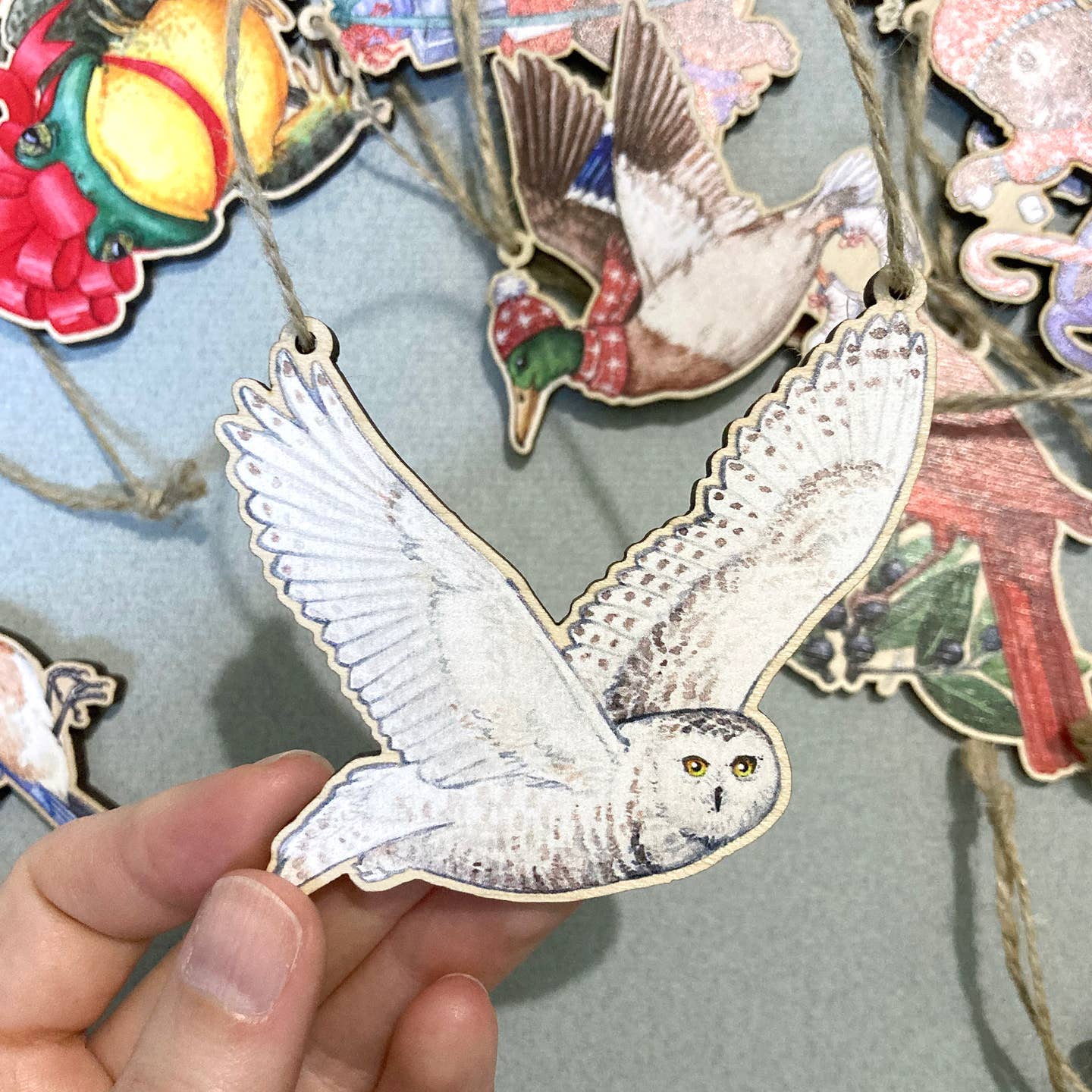 SNOWY OWL WOODEN HOLIDAY ORNAMENT - Image 2
