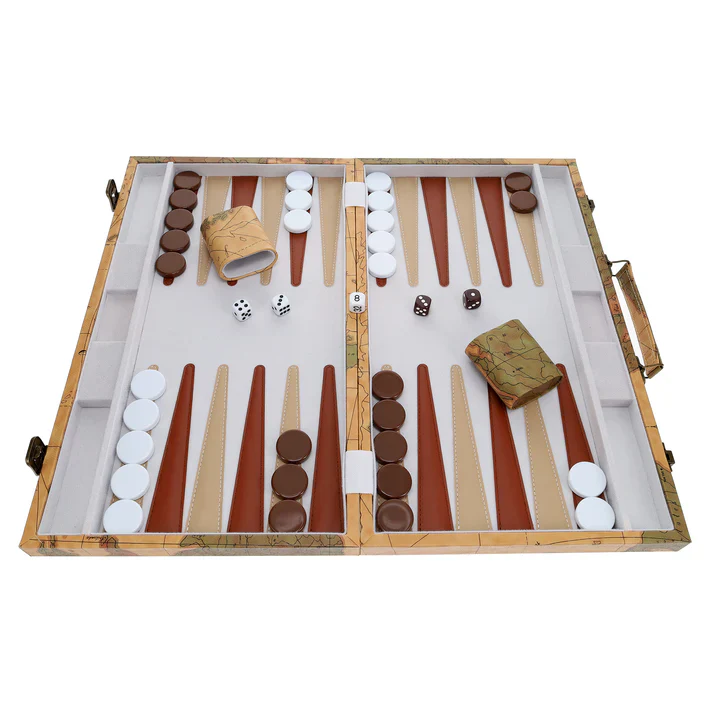 TAN MAP STYLE LEATHERETTE BACKGAMMON 18" X 11" - Image 2